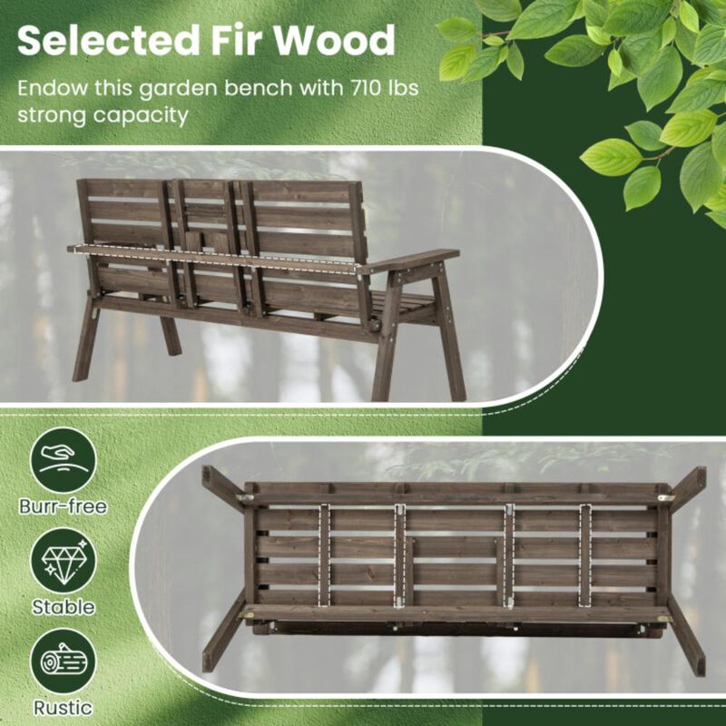 Hivvago Outdoor Fir Wood Bench with Foldable Middle Table-Gray
