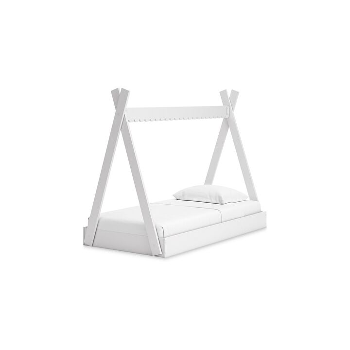 Kally Twin Size Floor Bed, Tent Style Design, Matte White Wood - Benzara