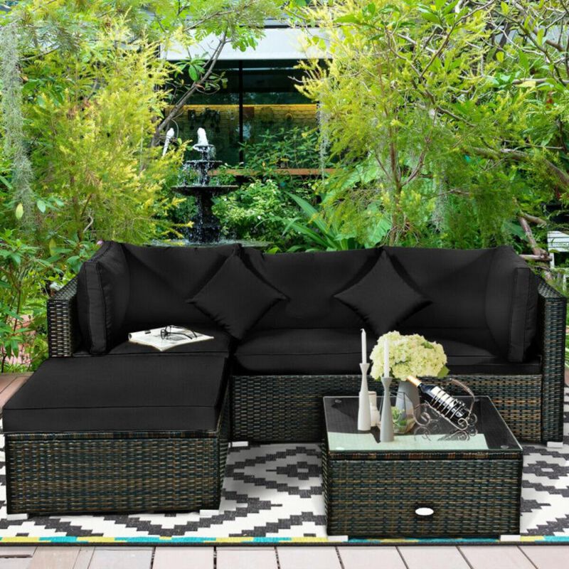 Hivvago 5 Pcs Outdoor Patio Rattan Furniture Set Sectional Conversation with Navy Cushions