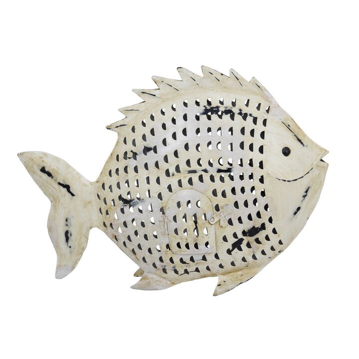 Painted Decorative Fish, Intricate Scale Details, White Metal, 26 Inch - Benzara