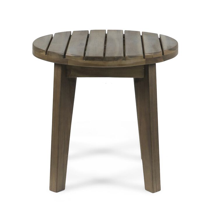 Outdoor Side End Table, Slatted, Tapered Legs 16 Inch Gray Acacia Wood - Benzara