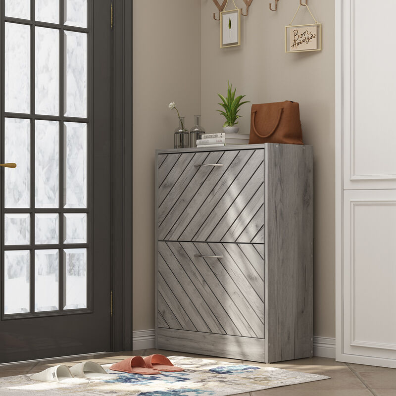 Gray 12-Pair Shoe Storage Cabinet with 2-Drawers and 4-Compartments and Wood Grain