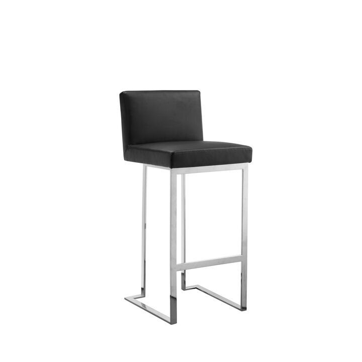Boly 30 Inch Barstool Chair, Black Faux Leather, Cushions, Chrome Steel - Benzara