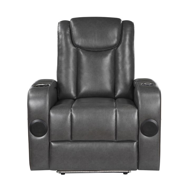 Emily 38 Inch Power Recliner Chair, Cooling Cupholder, LED, Gray PU Leather - Benzara