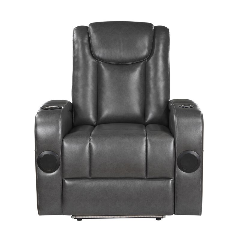 Emily 38 Inch Power Recliner Chair, Cooling Cupholder, LED, Gray PU Leather - Benzara