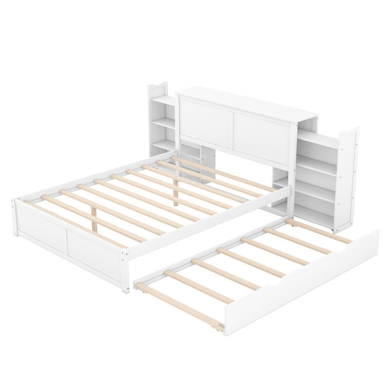 Space-Saving Platform Bed with Storage Shelves and Pull-Out Trundle