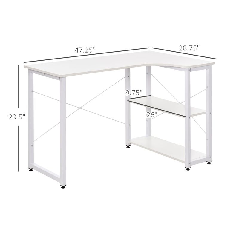 White Corner Workstation: L-Shaped Desk with Wide Top and Side Shelves