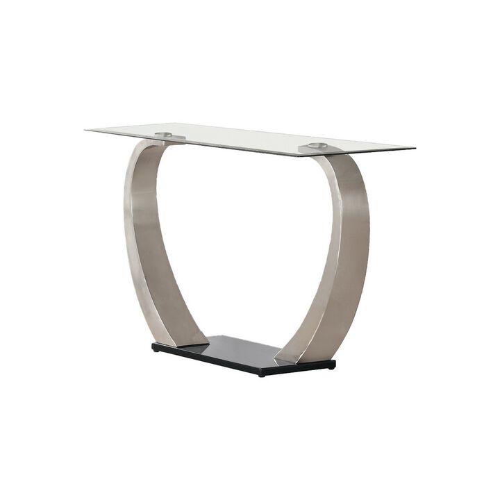Floating Tempered Glass Top Sofa Table with Metal Support, Clear and Silver-Benzara