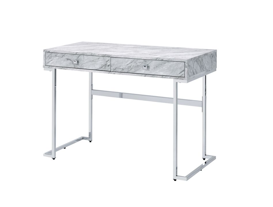 ACME Tigress Writing Desk, White Engineering Stone Top & Chrome Finish