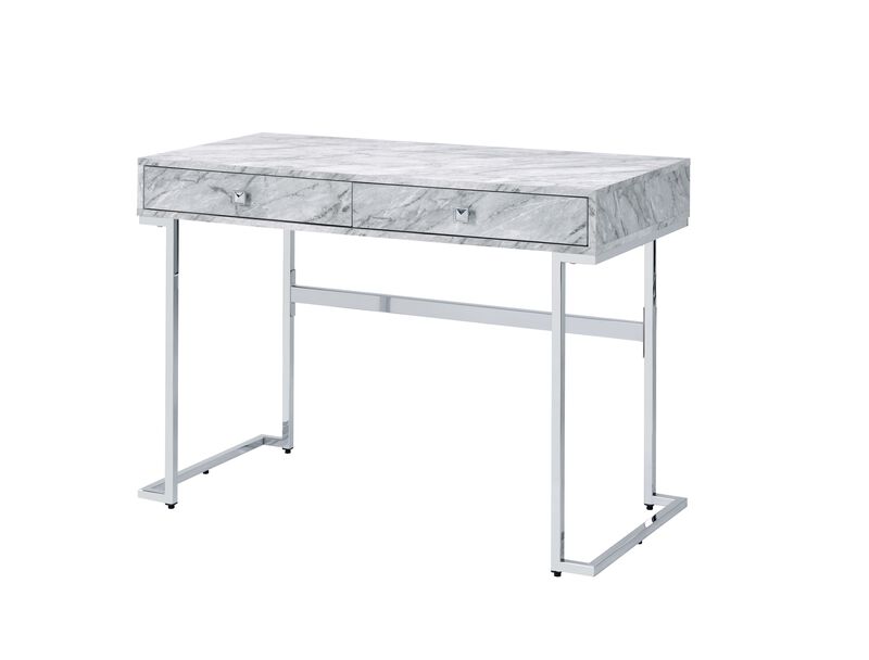 ACME Tigress Writing Desk, White Engineering Stone Top & Chrome Finish