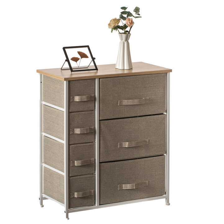 Sand Bins and White Frame Seven Storage Night Chest and Storage Chest, 2 Sizes Bins, Beige, 7 Drawers