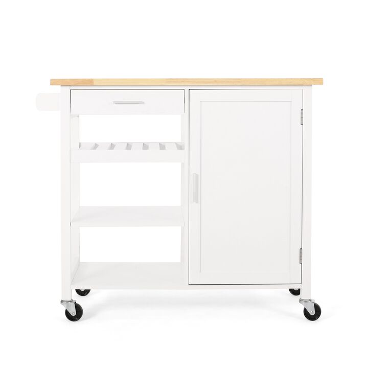 Alex Rolling Kitchen Island Bar Cart with Shelves, Brown Wood, White - Benzara