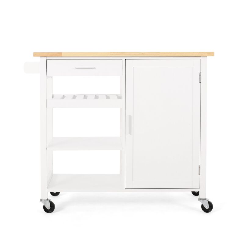 Alex Rolling Kitchen Island Bar Cart with Shelves, Brown Wood, White - Benzara