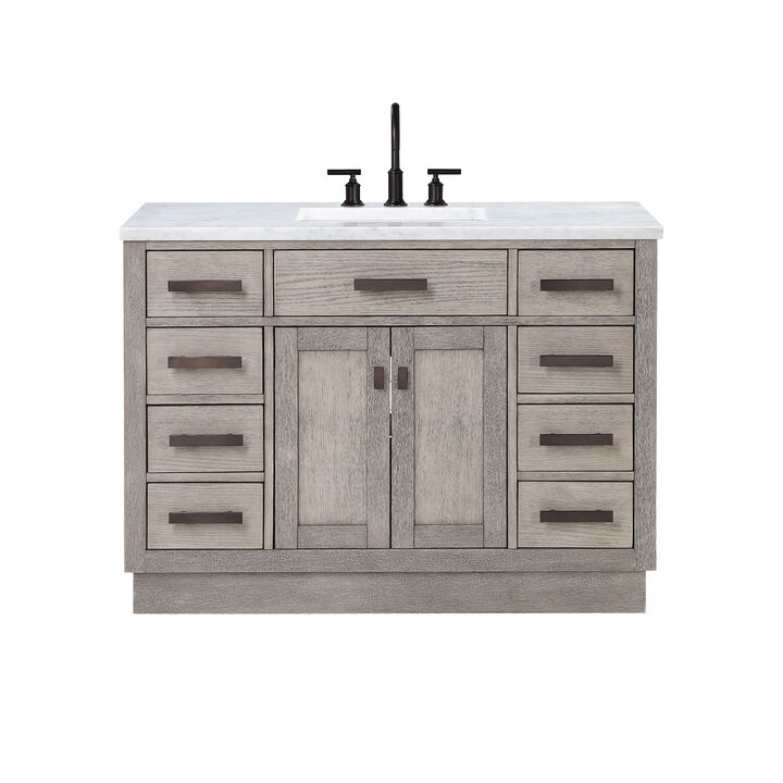Chestnut 48 In. Single Sink Carrara White Marble Countertop Bath Vanity In Grey Oak with Oil Rubbed Bronze Hardware