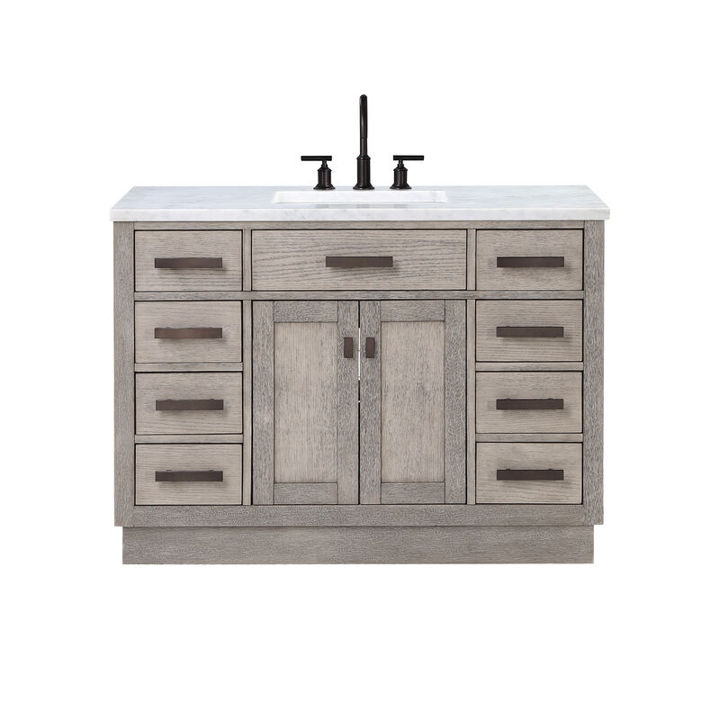 Chestnut 48 In. Single Sink Carrara White Marble Countertop Bath Vanity In Grey Oak with Oil Rubbed Bronze Hardware