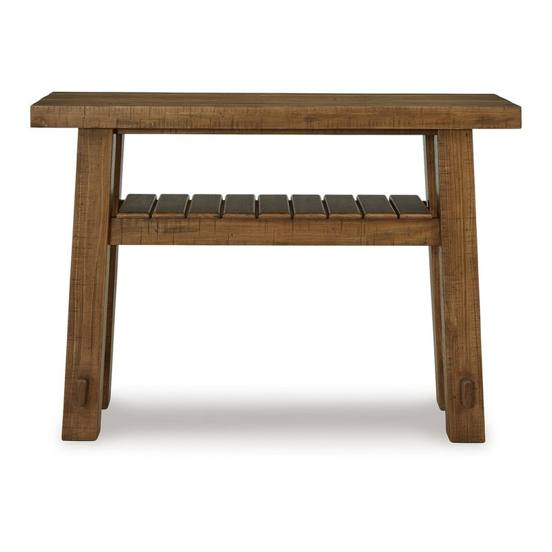 Ack Sofa Console Table, Slatted Shelf, Block legs, 48 Inch Brown Wood - Benzara