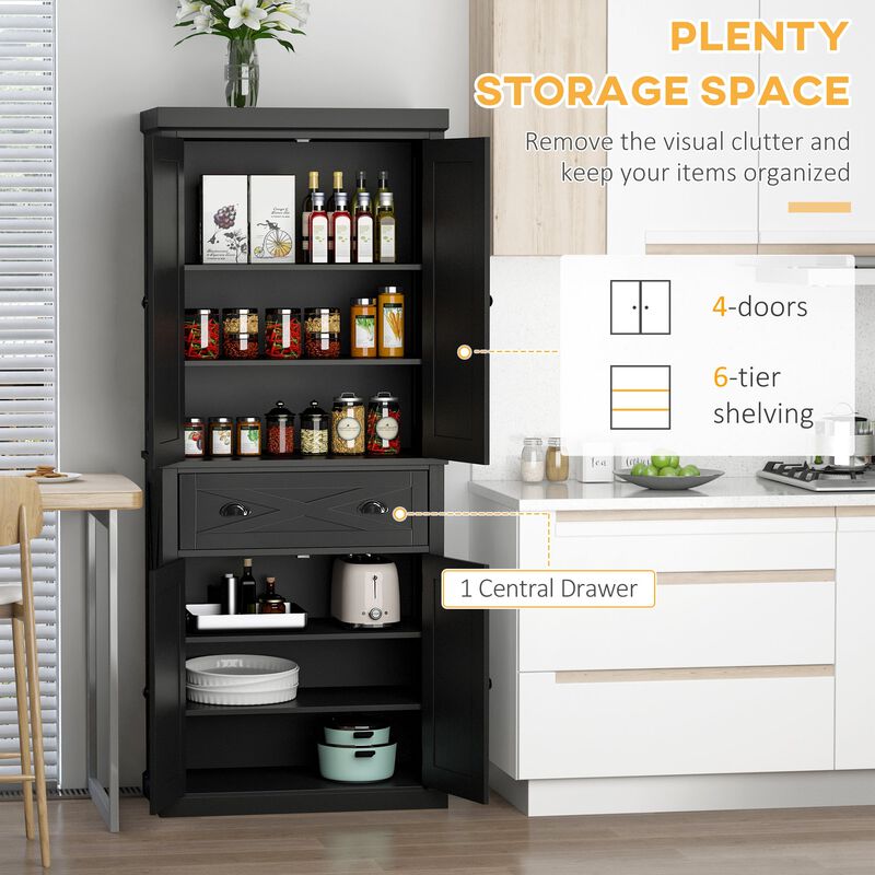 Black Kitchen Storage: 72" Pantry Cabinet with 6 Tiers & Drawer