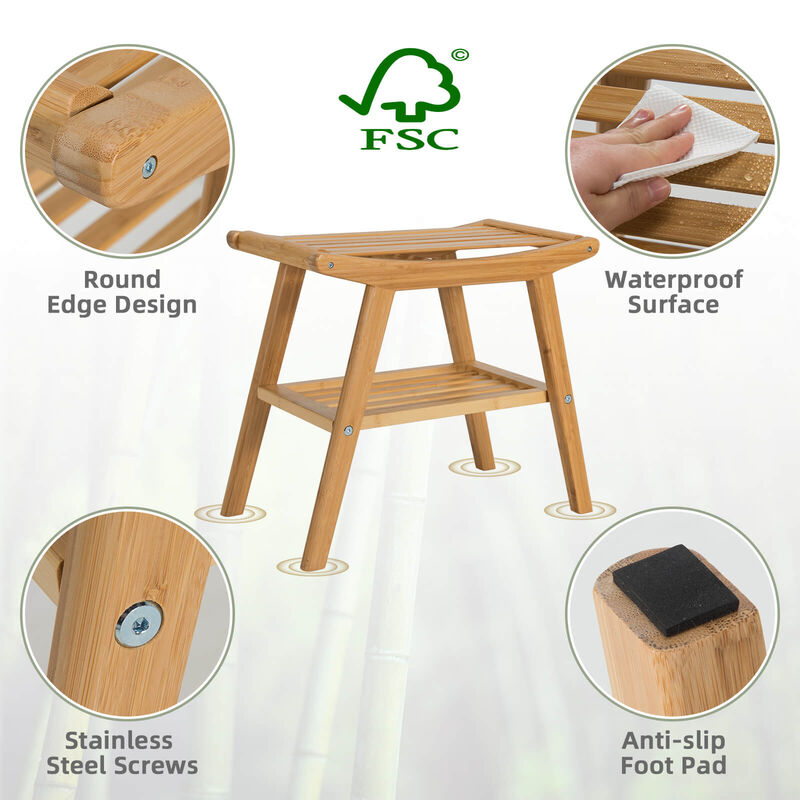 Bamboo Shower Seat Bench with Underneath Storage Shelf
