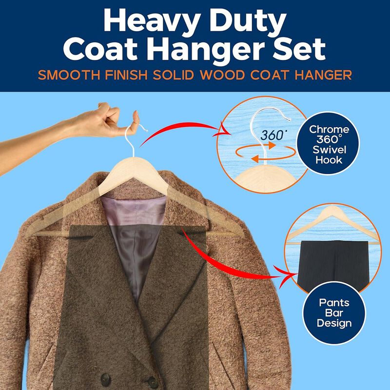 Wooden Clothes Hangers - 50 Pack, Durable, Non-Slip, Space-Saving Hangers for Dresses, Coats, and More, Holds Up to 10 lbs with 360° Swivel Hook, Natural Finish