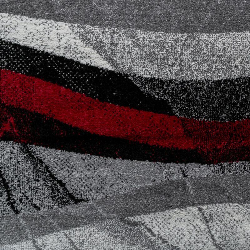 Modern Abstract Designer Rug in Grey Red with Wave Effect
