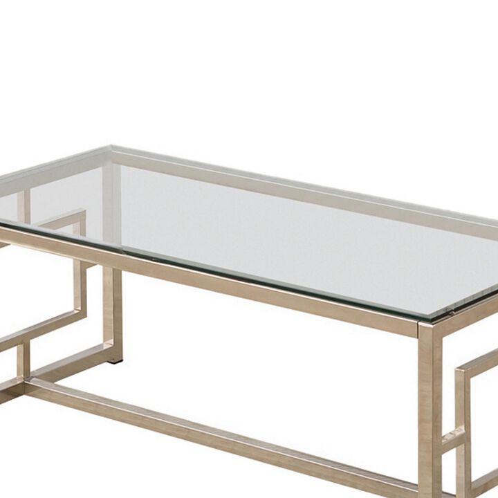 Tempered Glass Top Coffee Table with Lattice Cut Outs, Silver and Clear-Benzara