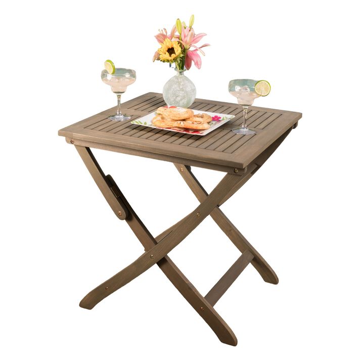 Cami Outdoor Foldable Bistro Table, X Base, 26 Inch Gray Acacia Wood - Benzara