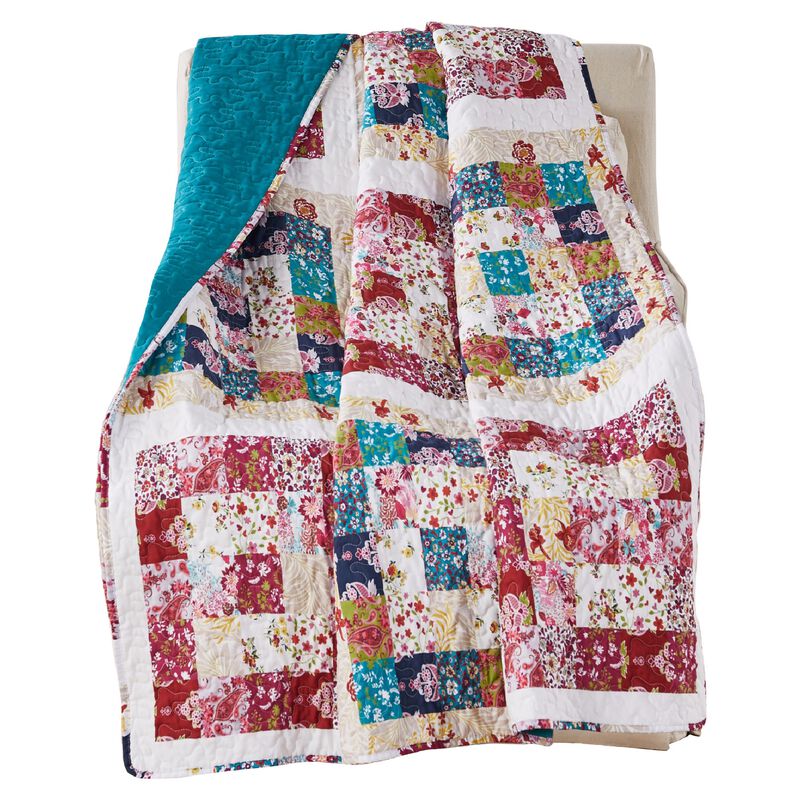 Zay 60 Inch Throw Blanket, Patchwork Floral Print, Teal Blue Microfiber-Benzara