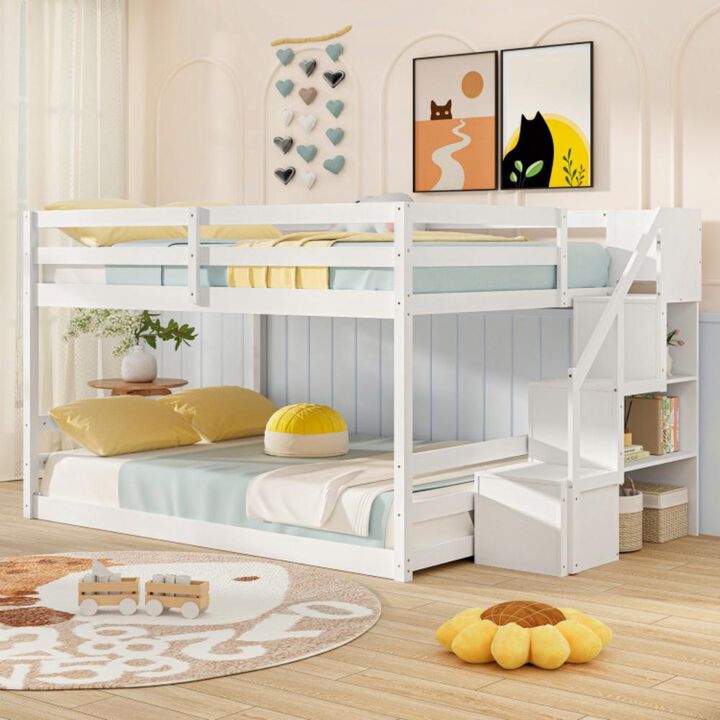 Hivvago Solid Wood Full Over Full Low Bunk Bed with Storage Stairs