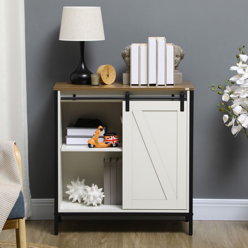 Two-Tone Kitchen Organizer: White/Brown Buffet with Sliding Barn Door