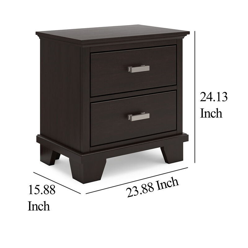 Teno Nightstand, 2 Drawers, Nickel Handles, Dark Brown Solid Hardwood - Benzara