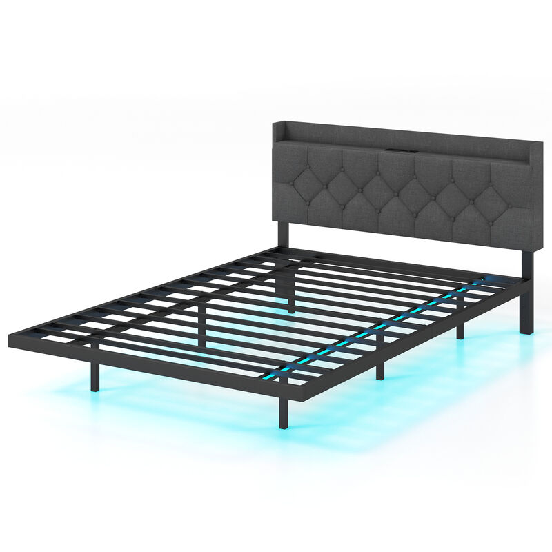Floating Bed Frame with LED and Headboard and Charging Station