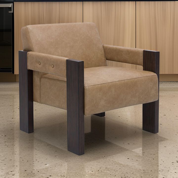 Live Accent Chair, Cushioned Seat, Brown Faux Leather, Espresso Brown Wood -