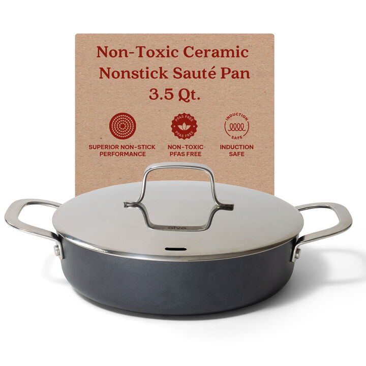 Alva Maestro Ceramic Nonstick Saute Pan Skillet with Lid 9.5" 3.5 Qt. Stay Cool Handle, Scratch Resistant Healthy Cooking Pan, Non Toxic, Compatible with All Stovetops, Oven Safe & Induction Safe