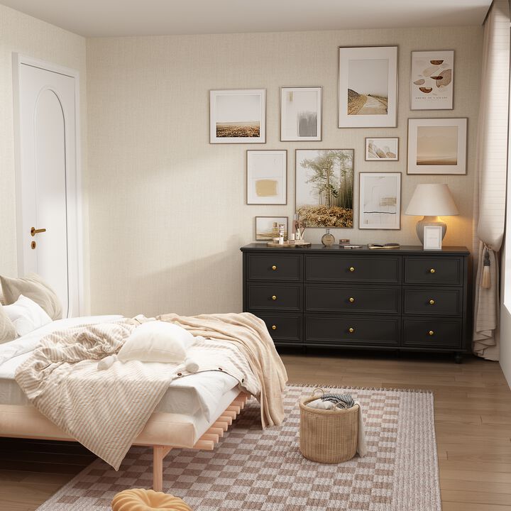 Black Wooden 9-Drawer Chest of Drawers 63 in. W x 31.5 in. H x 15.7 in. D Dresser, Modern European Style