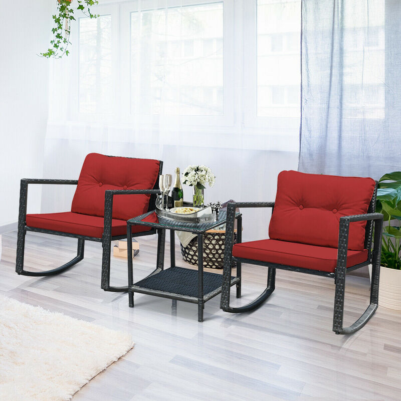3 Pieces Cushioned Patio Rattan Set with Rocking Chair and Table-Red