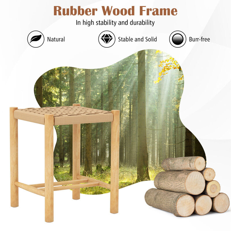 Dining Stool Set of 2 with Rubber Wood Frame-Natural
