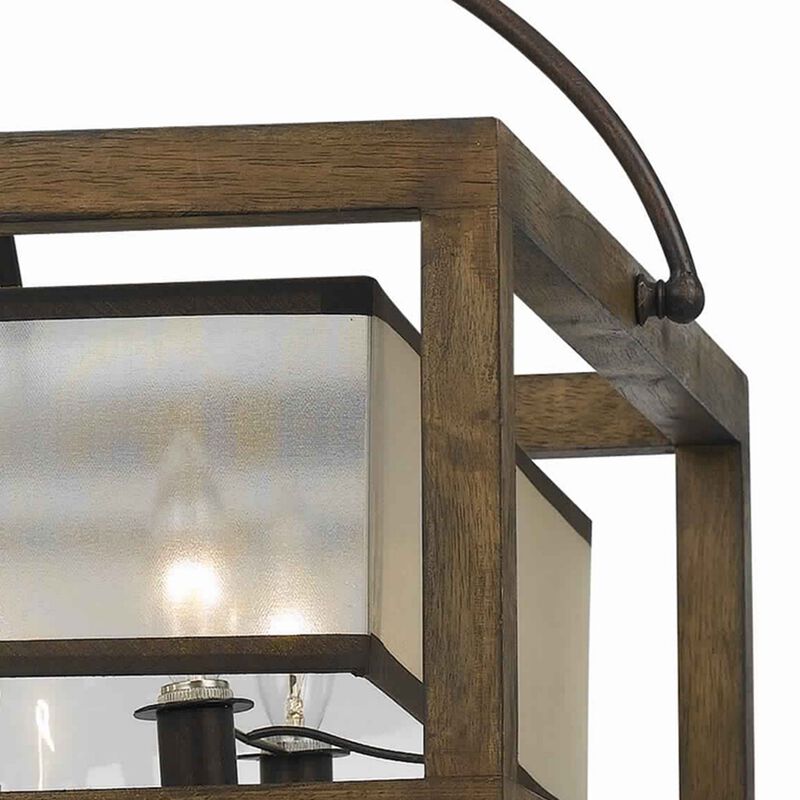 6 Bulb Square Chandelier with Wooden Frame and Organza Striped Shade, Brown-Benzara