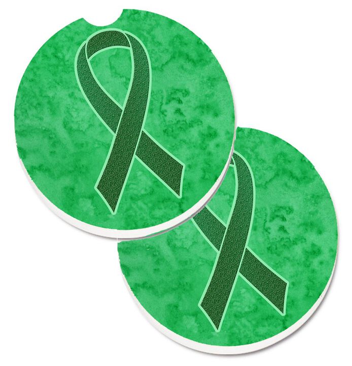 Caroline's Treasures Kelly green Ribbon For Kidney Cancer Awareness Set of 2 Cup Holder Car Coasters AN1220CARC, 2.56, Multicolor