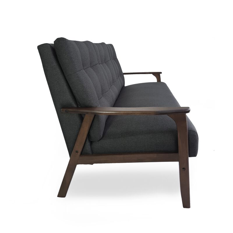 Sofa, 66 Inch, Button Tufted Design Dark Gray Fabric, Birch Wood - Benzara
