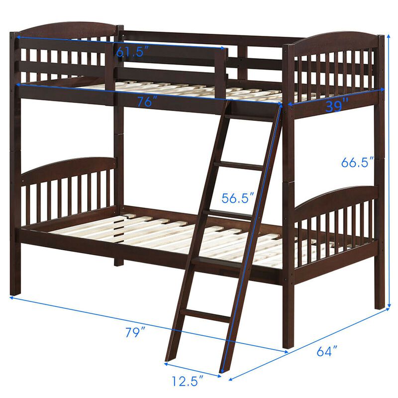 Hardwood Twin Bunk Bed Frames with Inclined Ladder and Safety Guardrails