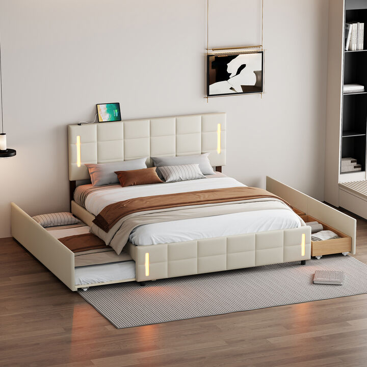 Streamdale Queen Size Upholstered Platform Bed With Trundle And Drawers