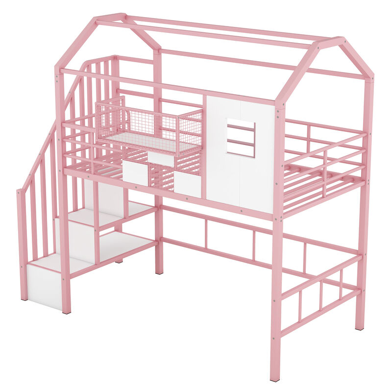Merax Metal Loft Bed with Roof and A Storage Box