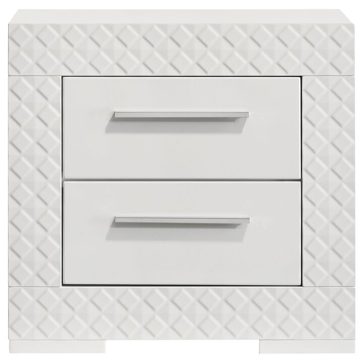 Ivon Nightstand, 2 Drawers, 26 Inch Modern Glossy White Solid Hardwood - Benzara