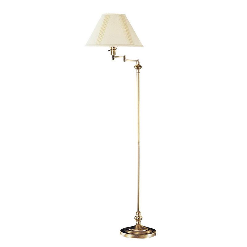 150 Watt Metal Floor Lamp with Swing Arm and Fabric Conical Shade, Gold-Benzara