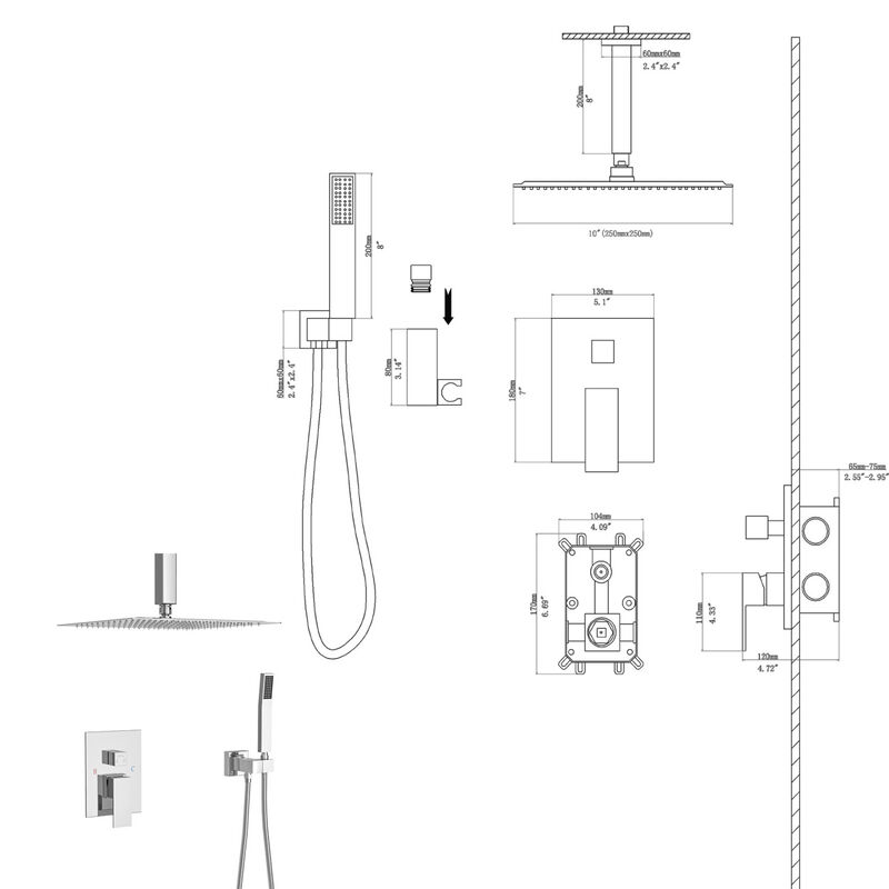 Ceiling Shower Set - 10 Inch Square Shower Set, Dual Shower Heads, Chrome