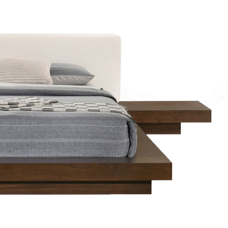 Nia Queen Size Bed, White Faux Leather, Walnut Brown Low Profile Platform  - Benzara