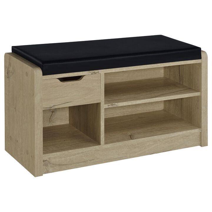 Aryn Storage Bench, Adjustable Shelf, Black Faux Leather, Oak Brown - Benzara
