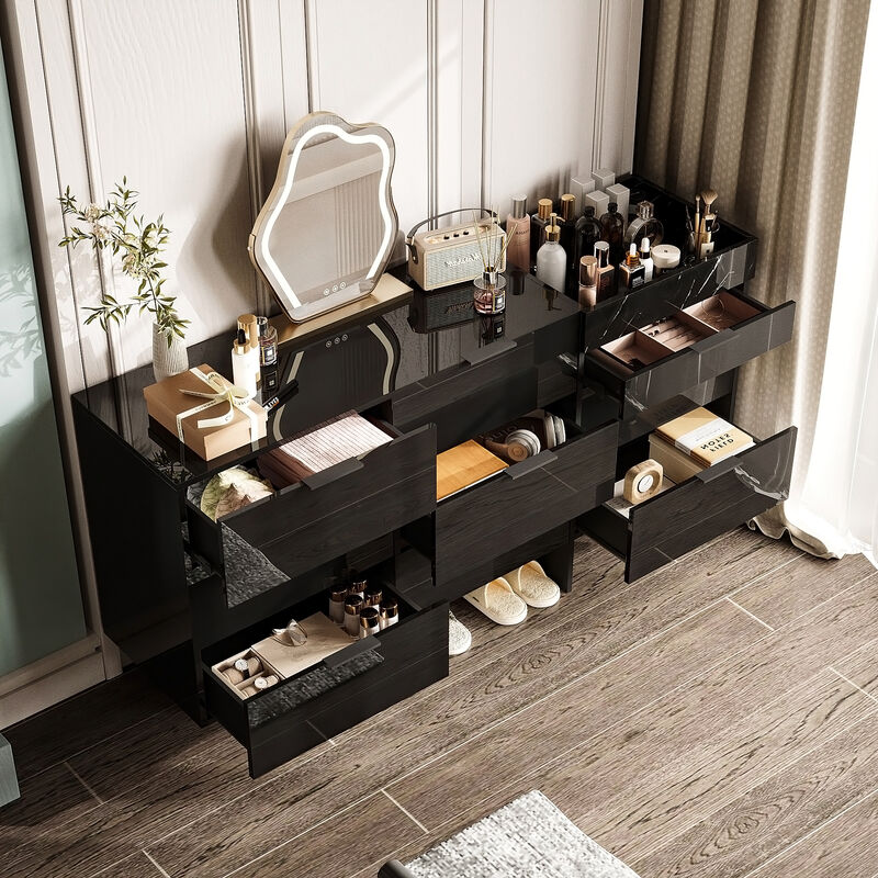 FUFU&GAGA Modern 9-Drawer Dresser with Marble-Texture Accent, High Gloss Black Finish, Spacious Storage Organizer for Bedroom & Living Room, (59" W x 30" H x 15.7" D),Black