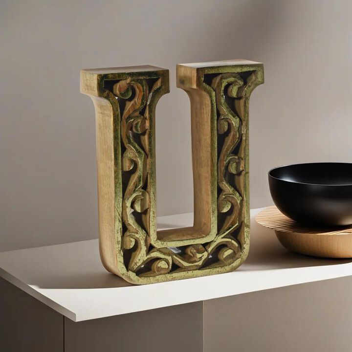 Vintage Natural Gold Handmade Eco-Friendly "U" Alphabet Letter Block For Wall Mount & Table Top Décor