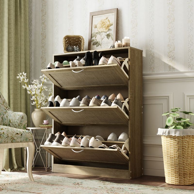 42.5 in. H x 31.5 in. W Burly Wood Color Wooden Shoe Storage Cabinet with 3 Large Drawers and 6 Shelves in Total
